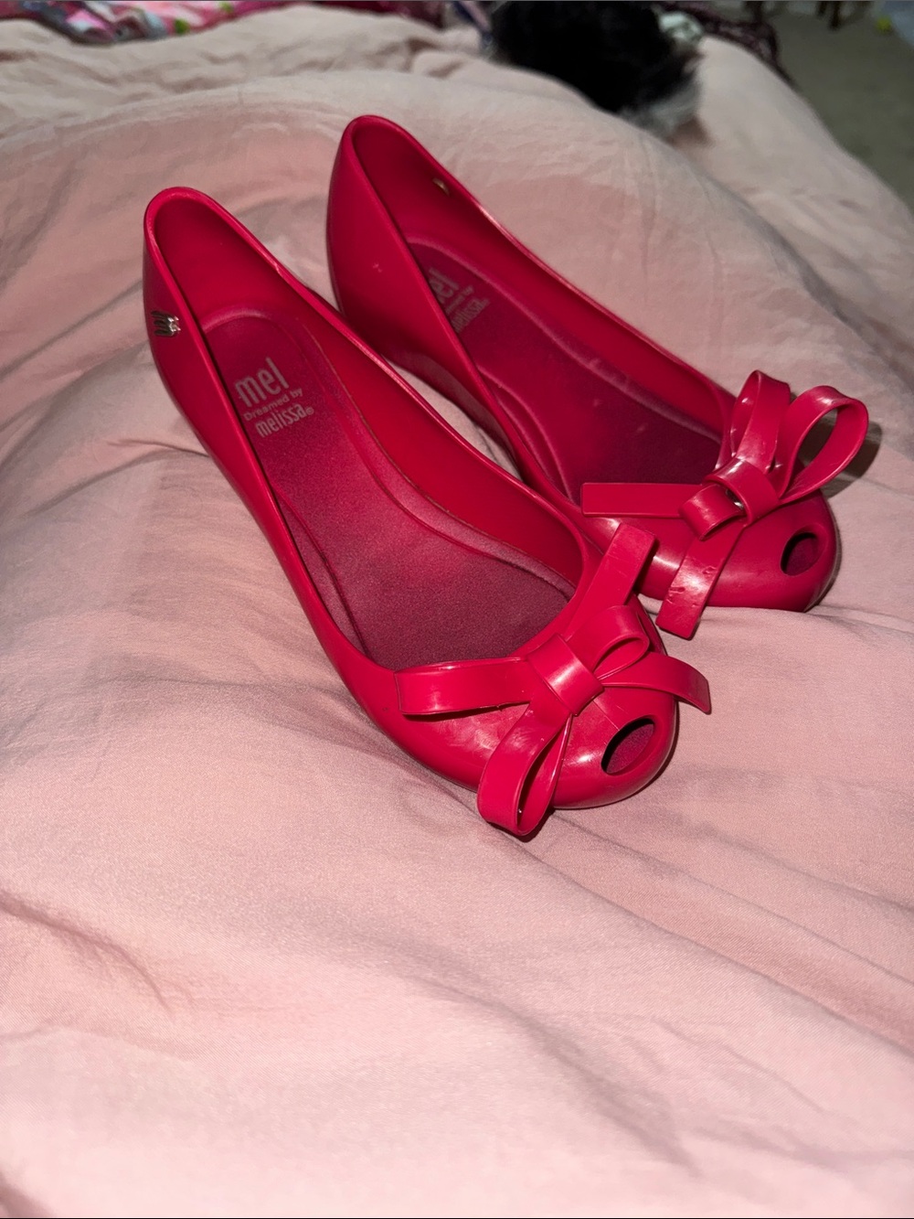 Mel By Minni Melissa Peep Toe Pink Rubber Flats Bows Slip On Sandals Size 1